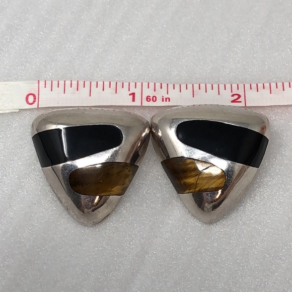 Vintage Taxco Mexico Earrings 950 Silver Tiger Eye Onyx Clip On Triangular Inlay - Picture 5 of 9